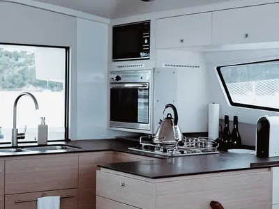 Galley of Serenity, a Bali 4.5 catamaran at Bay of Islands, New Zealand