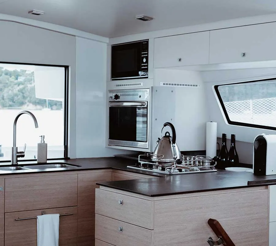 Galley of Serenity, a Bali 4.5 catamaran at Bay of Islands, New Zealand