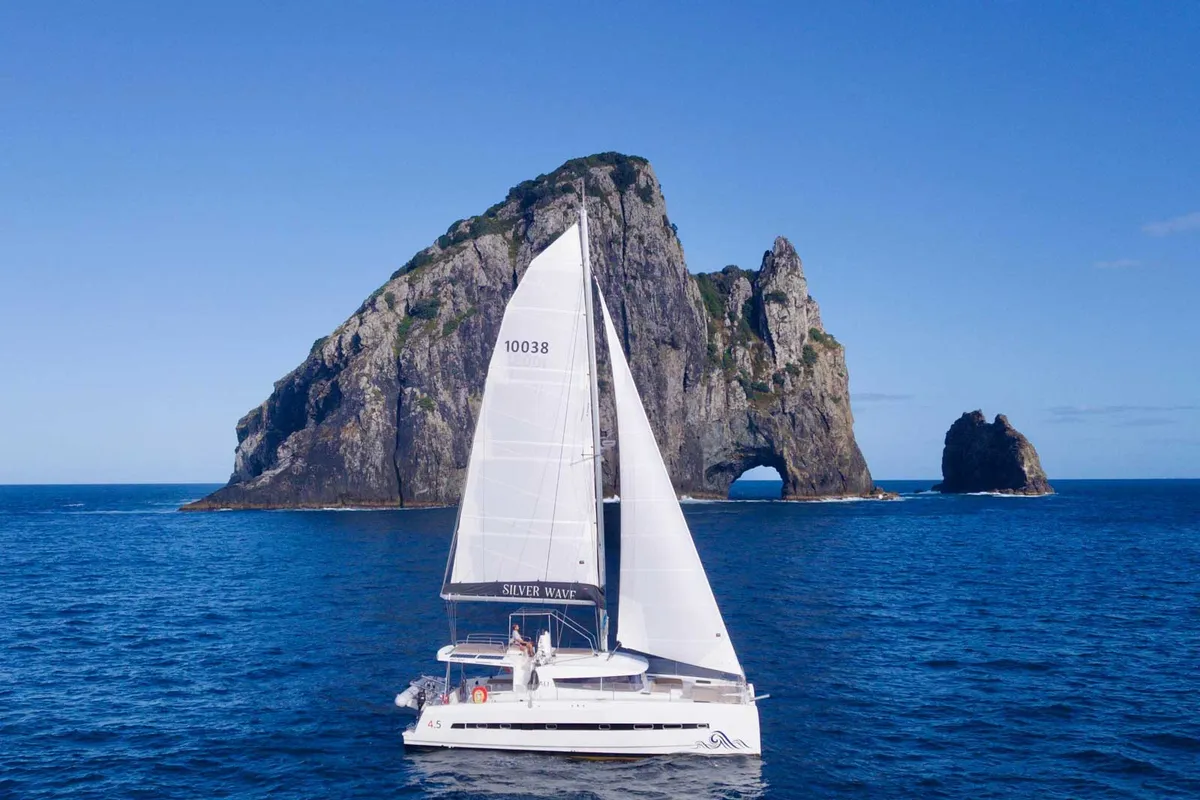 Exterior view of Serenity, a Bali 4.5 catamaran at Bay of Islands, New Zealand