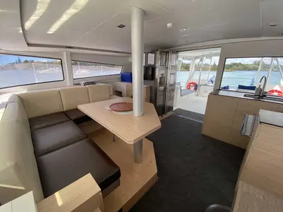 Salon of Serenity, a Bali 4.5 catamaran at Bay of Islands, New Zealand