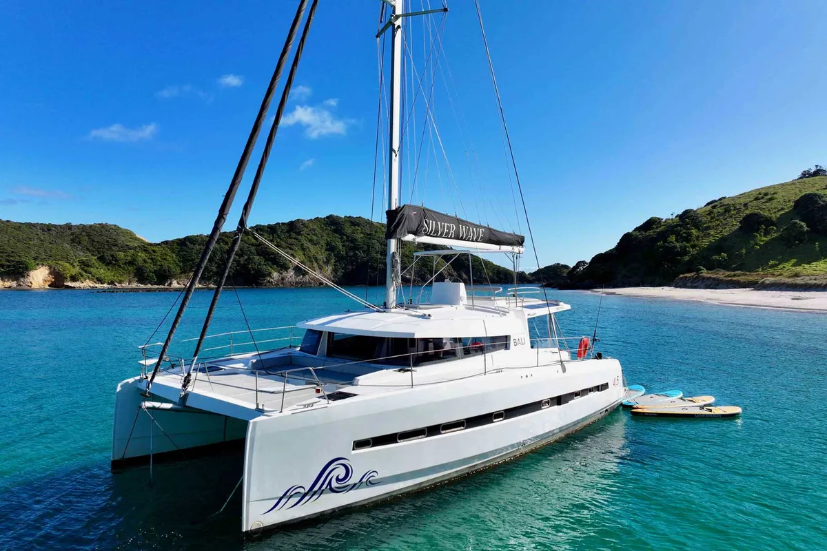 Exterior view of Serenity, a Bali 4.5 catamaran at Bay of Islands, New Zealand