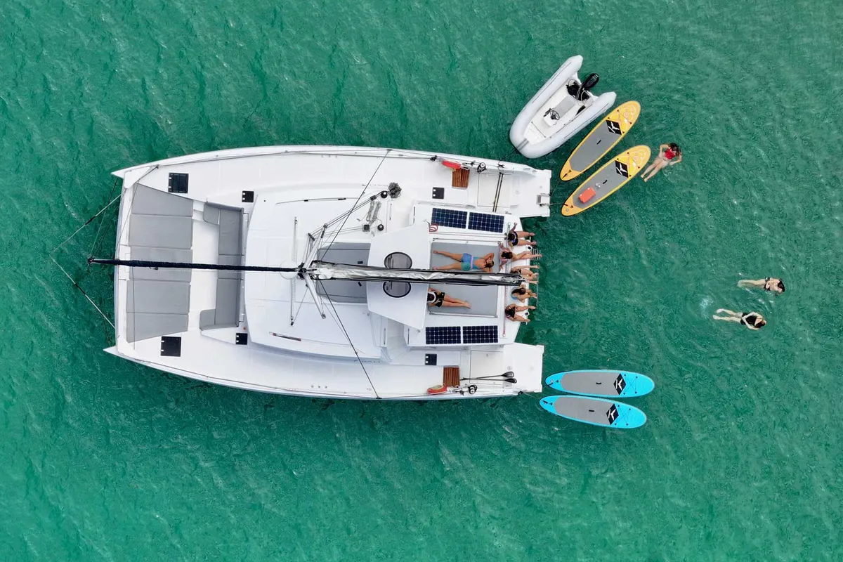 Exterior view of Serenity, a Bali 4.5 catamaran at Bay of Islands, New Zealand