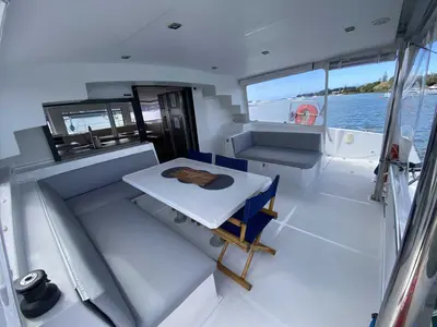 Deck of Serenity, a Bali 4.5 catamaran at Bay of Islands, New Zealand