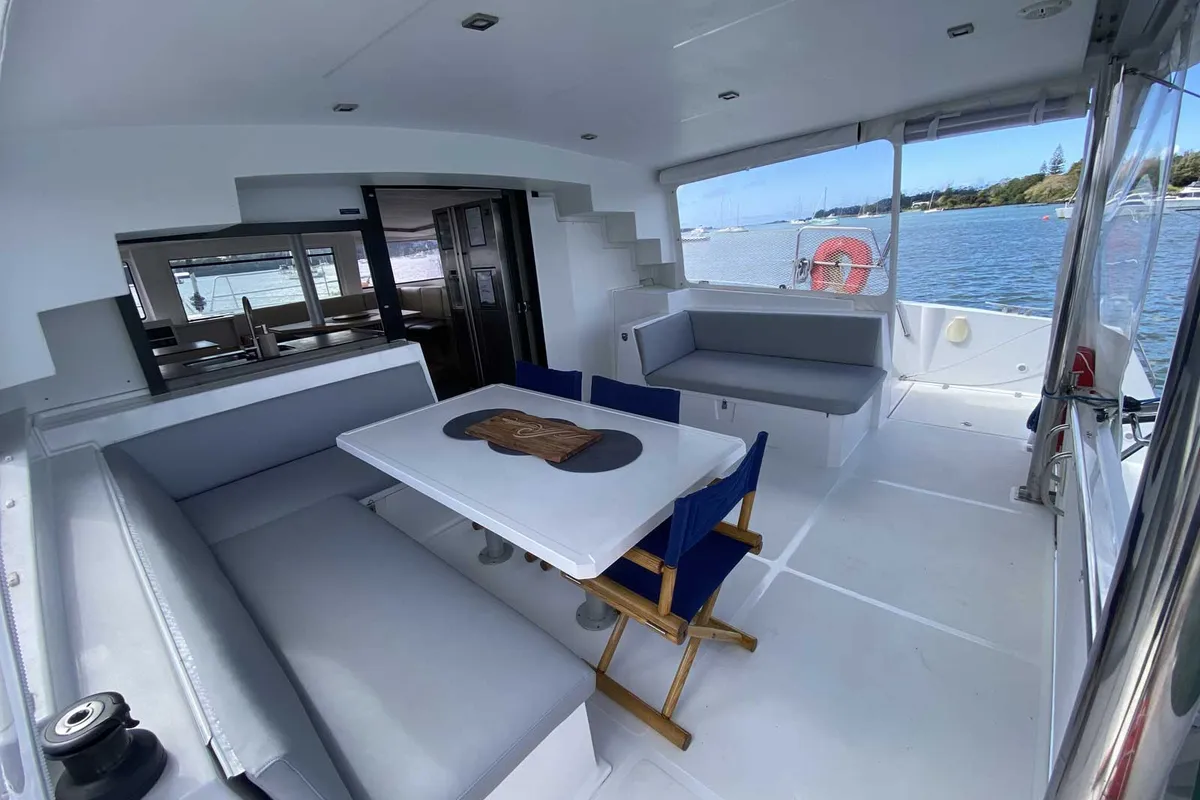 Deck of Serenity, a Bali 4.5 catamaran at Bay of Islands, New Zealand