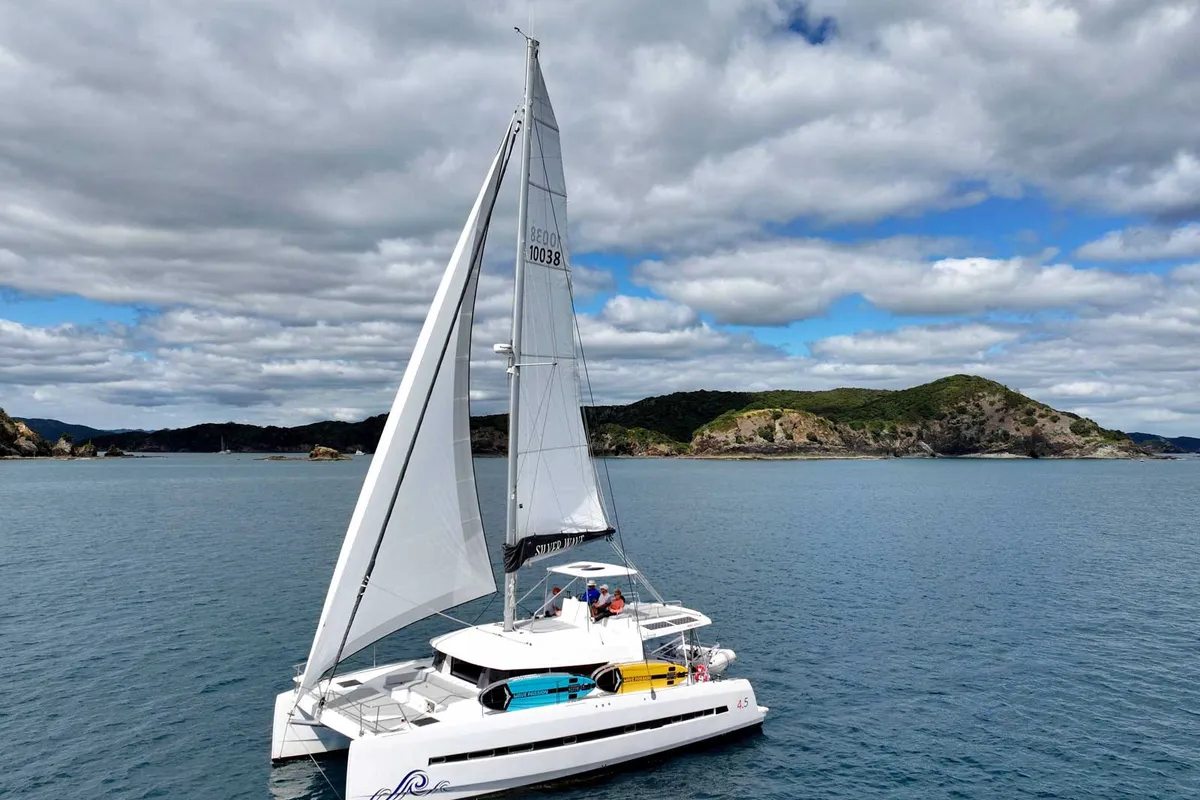 Exterior view of Serenity, a Bali 4.5 catamaran at Bay of Islands, New Zealand