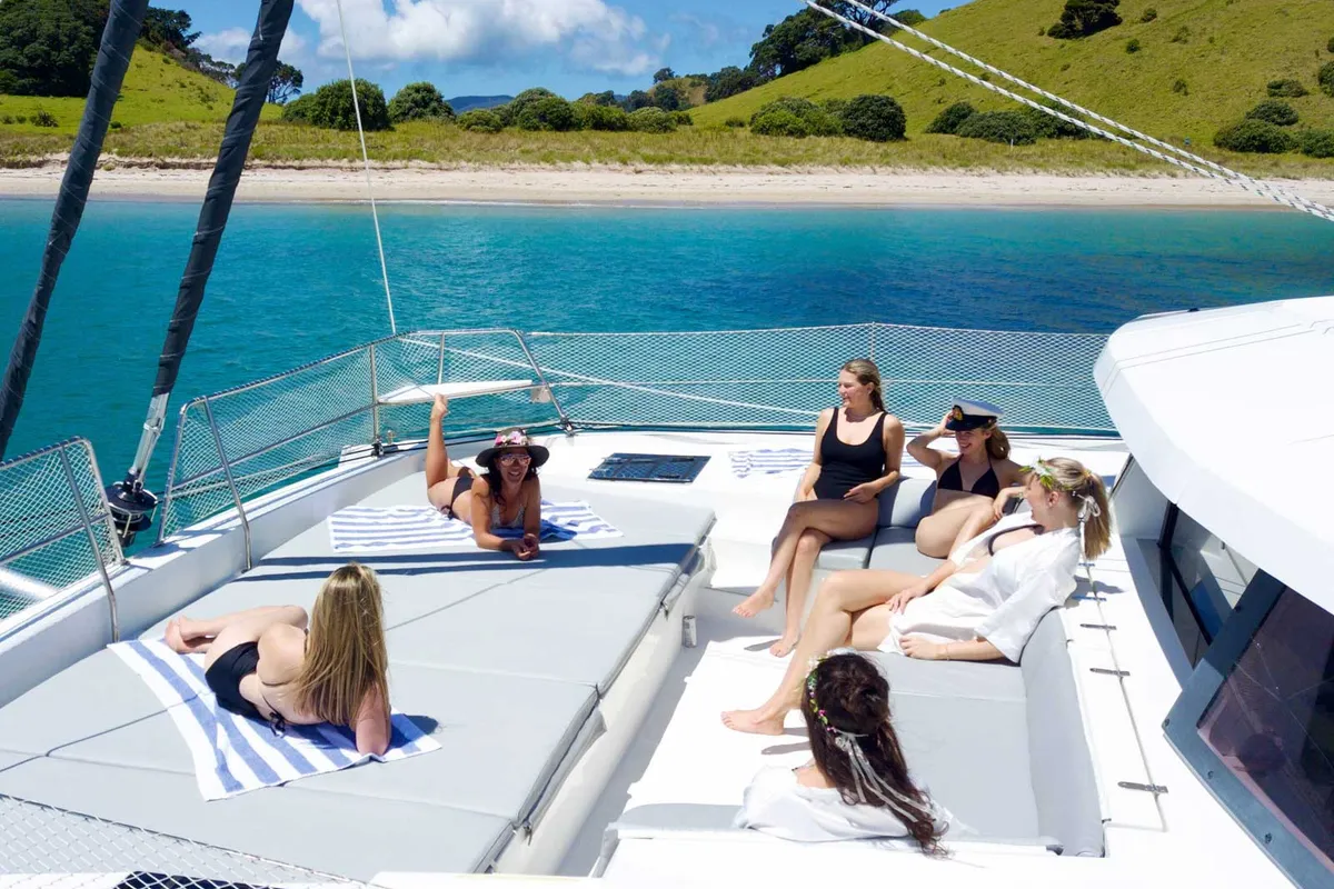 Deck of Serenity, a Bali 4.5 catamaran at Bay of Islands, New Zealand