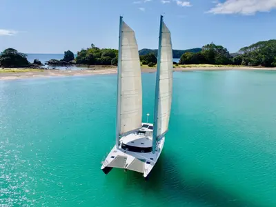 Exterior view of Cool Change, a Kelsall 54 catamaran at Bay of Islands, New Zealand