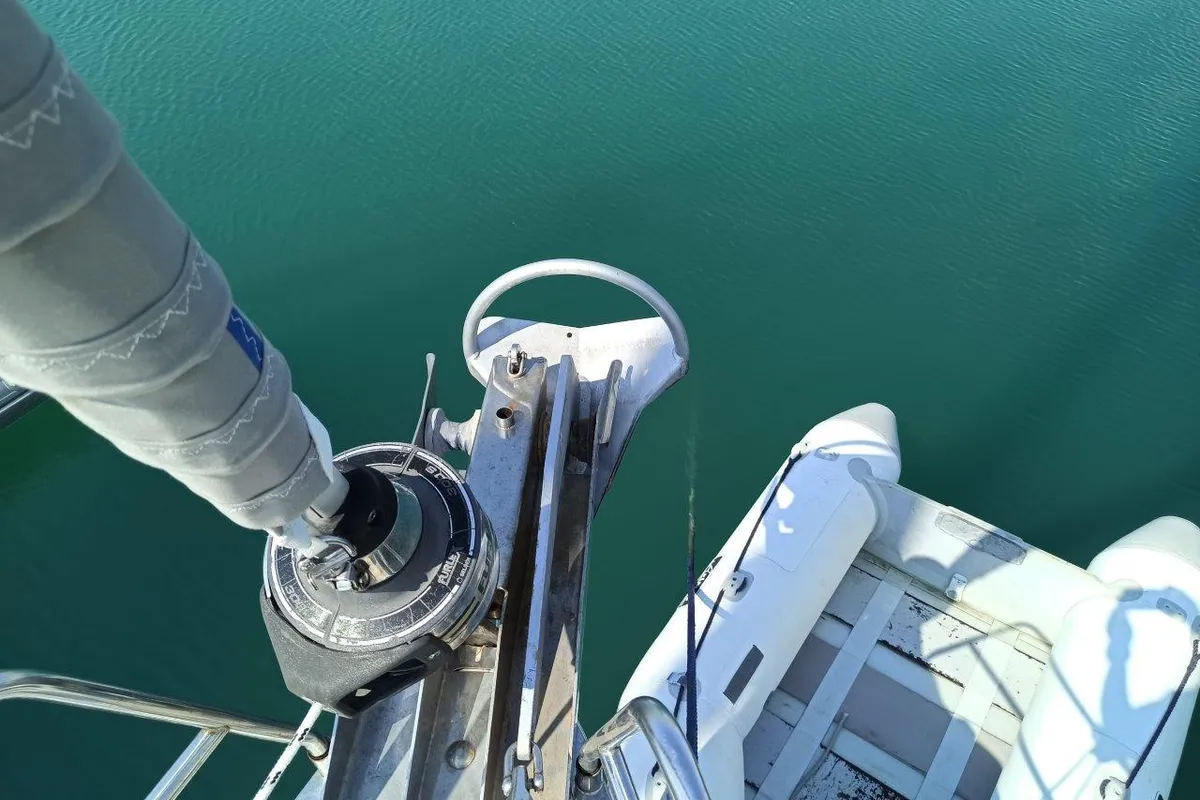 Exterior view of Saffron, a Bavaria 45 Cruiser sailboat at Lefkada, Greece