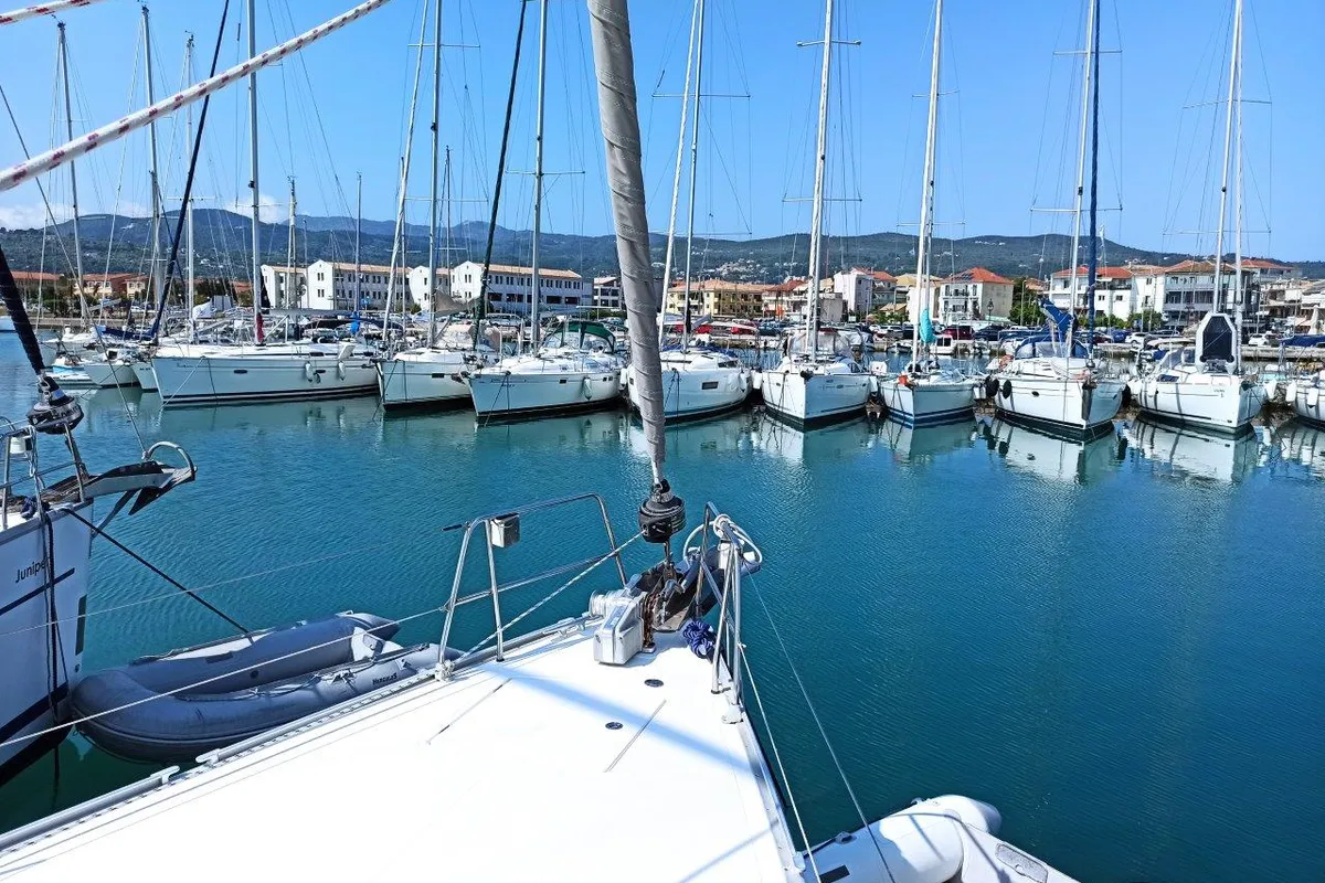 Exterior view of Saffron, a Bavaria 45 Cruiser sailboat at Lefkada, Greece
