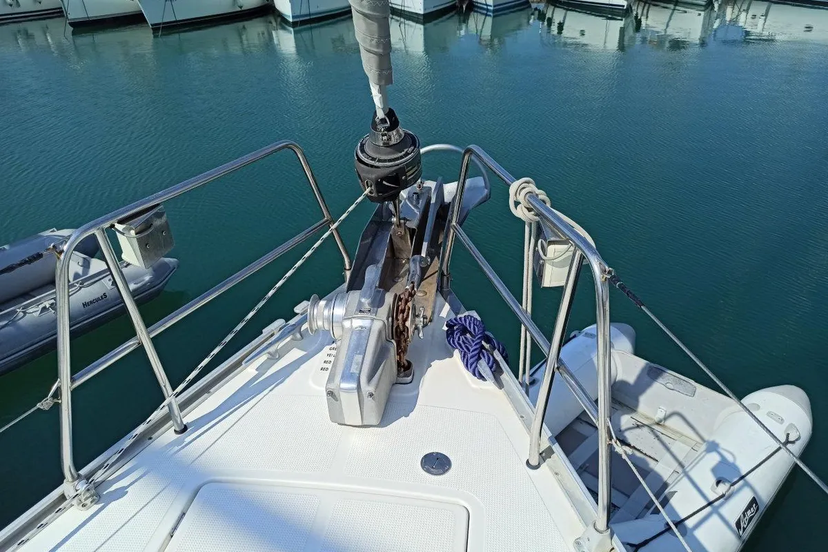 Exterior view of Saffron, a Bavaria 45 Cruiser sailboat at Lefkada, Greece
