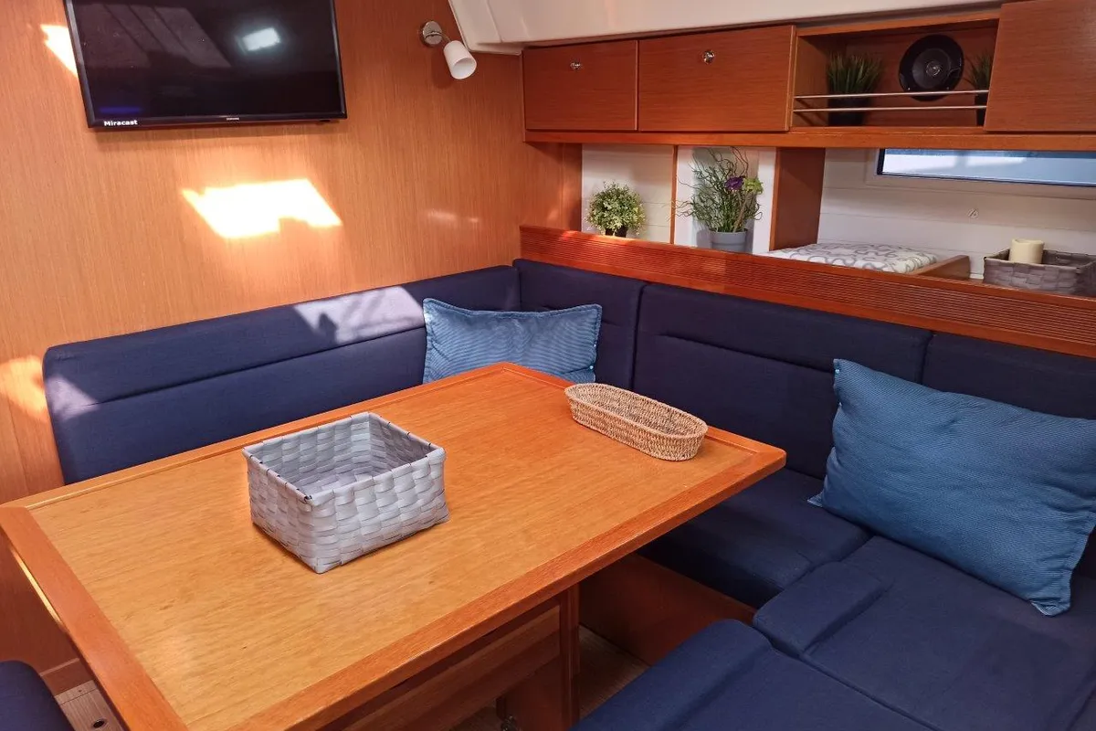 Salon of Saffron, a Bavaria 45 Cruiser sailboat at Lefkada, Greece