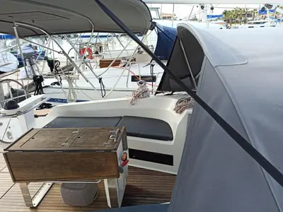 Deck of Saffron, a Bavaria 45 Cruiser sailboat at Lefkada, Greece