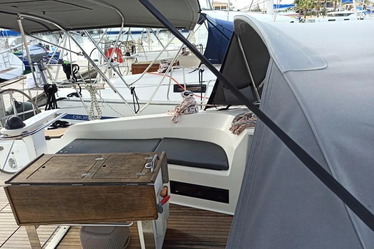 Deck of Saffron, a Bavaria 45 Cruiser sailboat at Lefkada, Greece