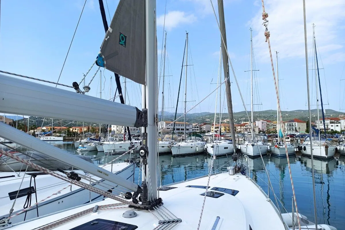 Exterior view of Saffron, a Bavaria 45 Cruiser sailboat at Lefkada, Greece