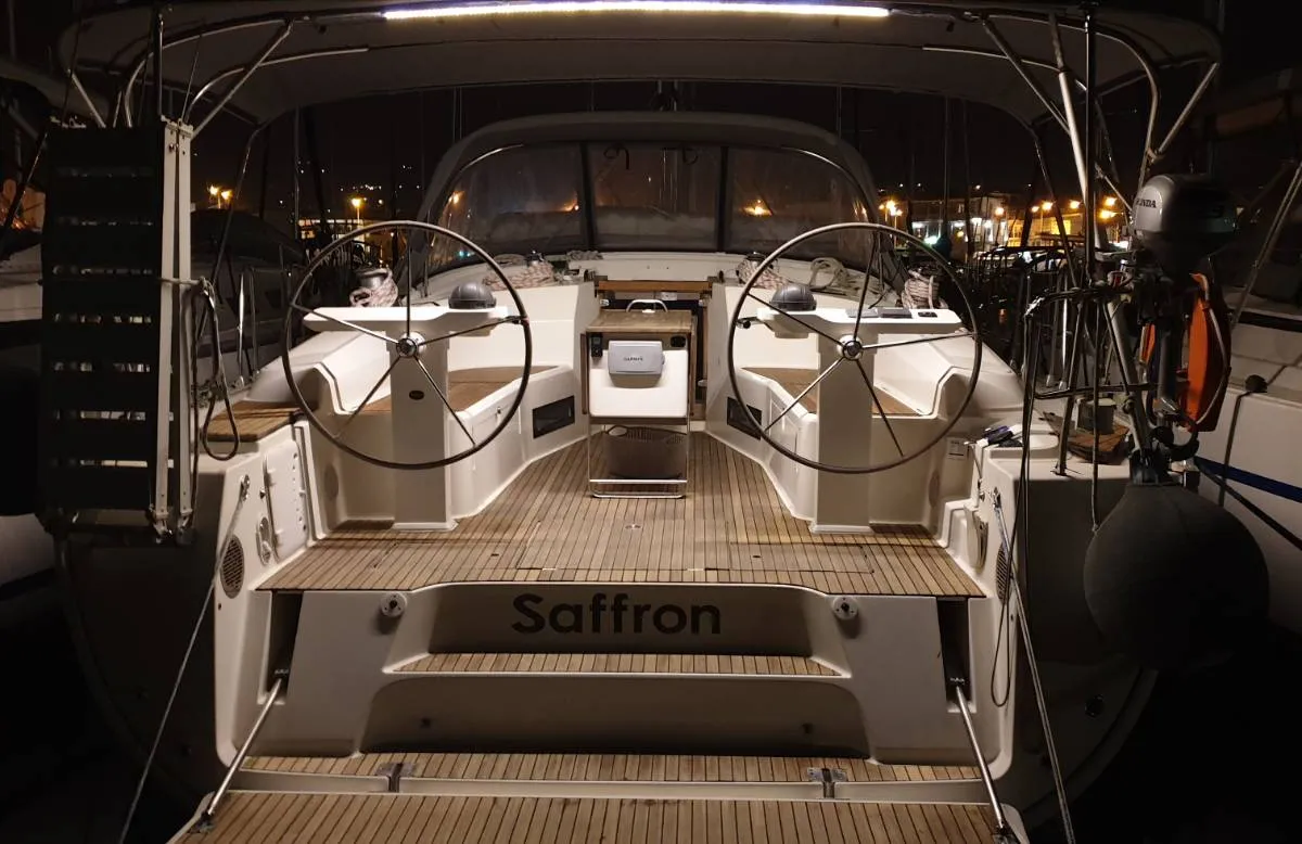 Exterior view of Saffron, a Bavaria 45 Cruiser sailboat at Lefkada, Greece