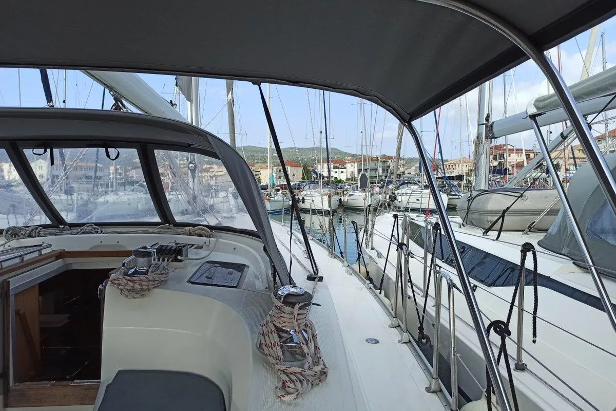 Deck of Saffron, a Bavaria 45 Cruiser sailboat at Lefkada, Greece