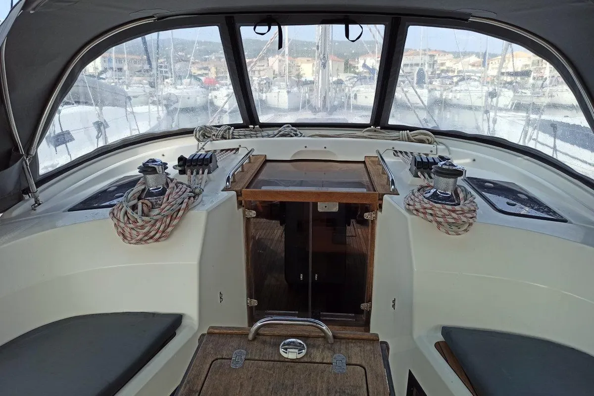 Cockpit of Saffron, a Bavaria 45 Cruiser sailboat at Lefkada, Greece