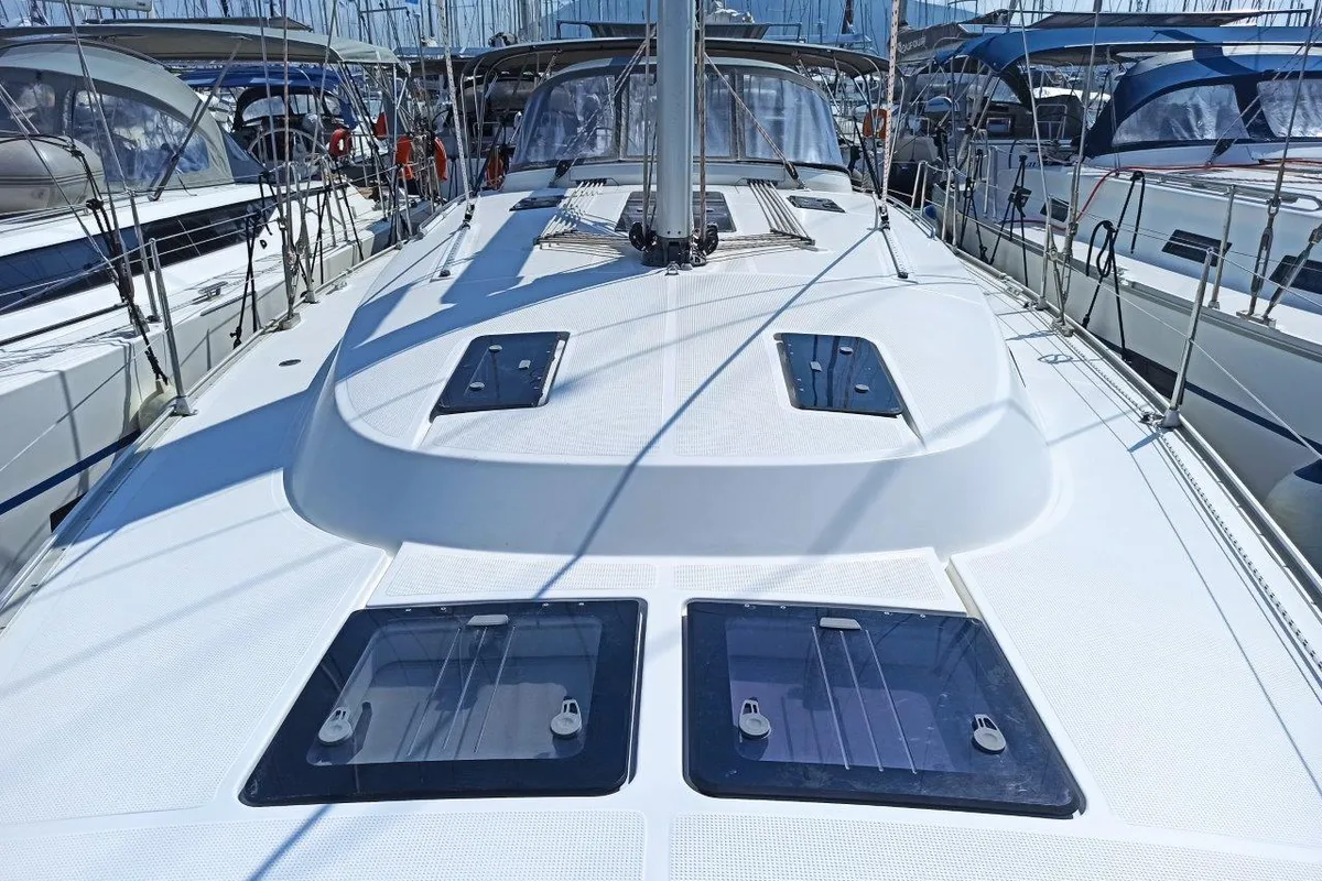 Deck of Saffron, a Bavaria 45 Cruiser sailboat at Lefkada, Greece