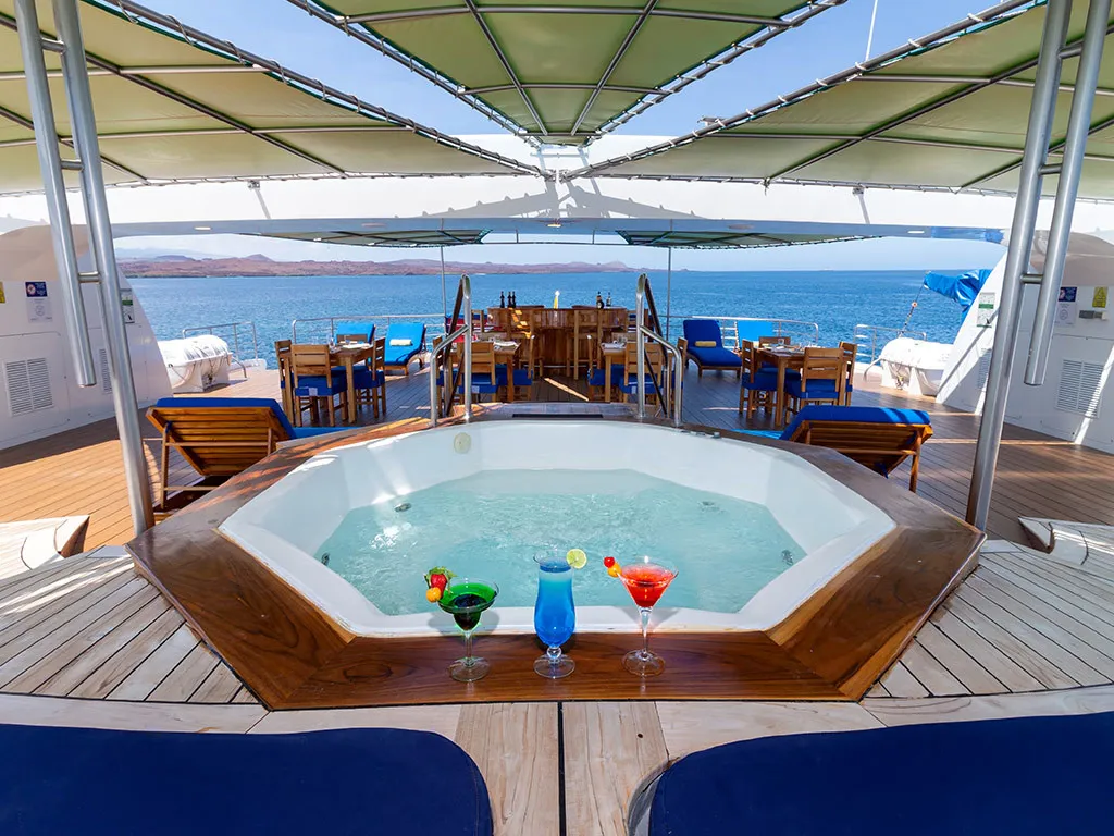 Deck of Petrel, a Gulet Power Catamaran catamaran at Baltra, Ecuador