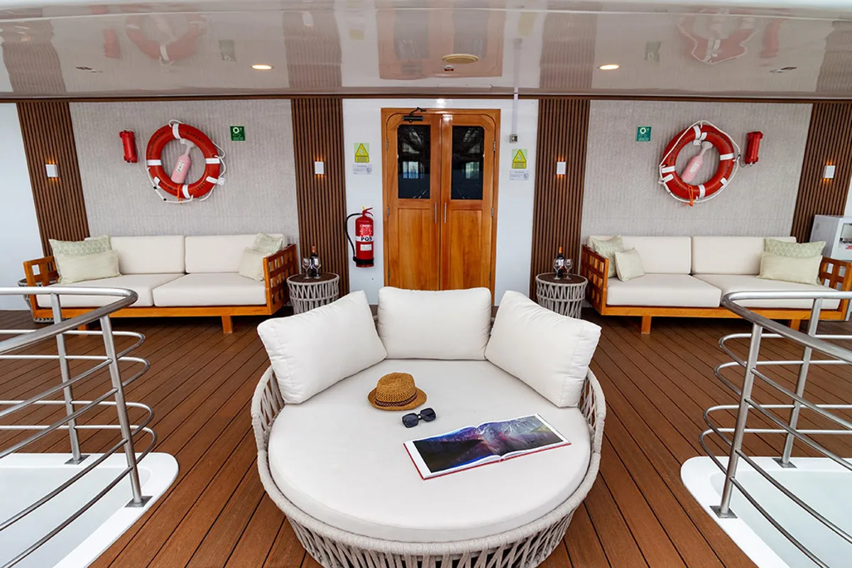 Deck of Petrel, a Gulet Power Catamaran catamaran at Baltra, Ecuador