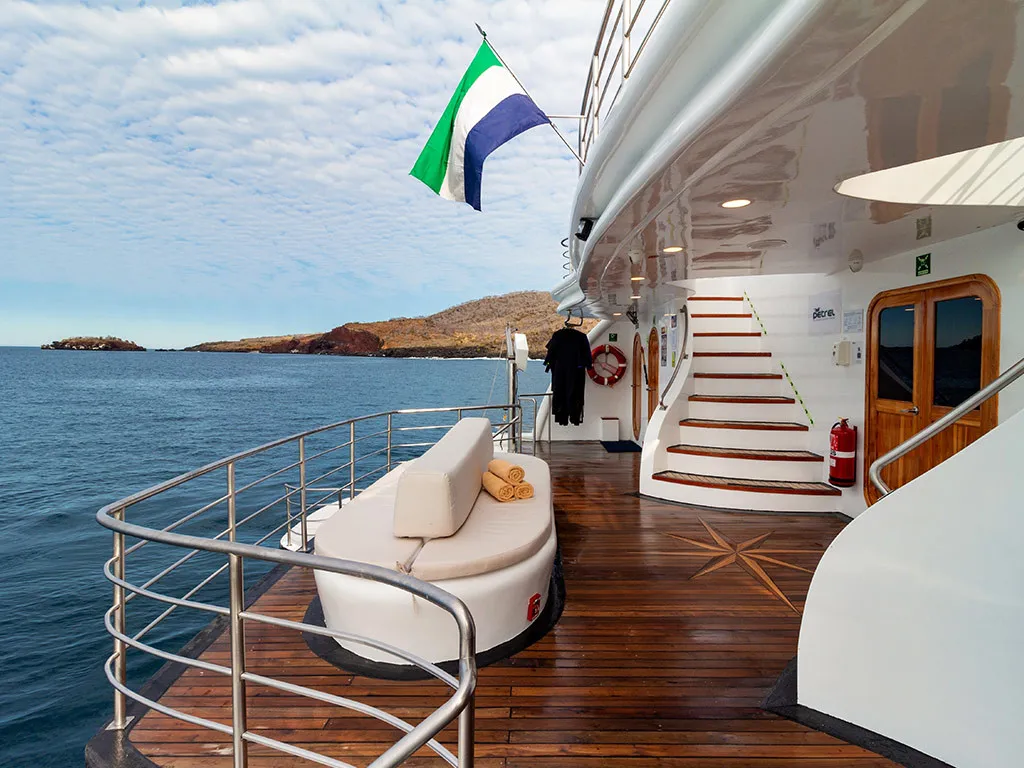 Deck of Petrel, a Gulet Power Catamaran catamaran at Baltra, Ecuador