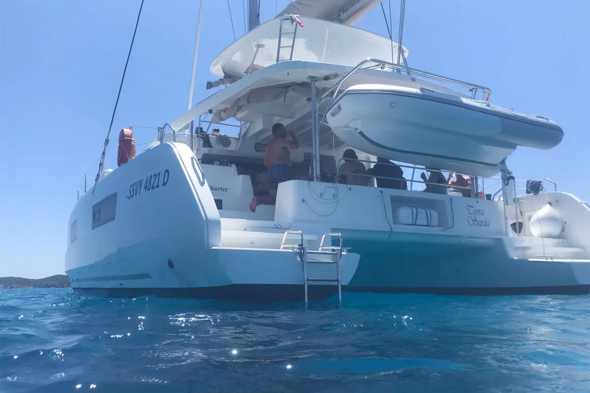 Exterior view of Terra Sarda, a Lagoon 46 catamaran at Cagliari, Italy