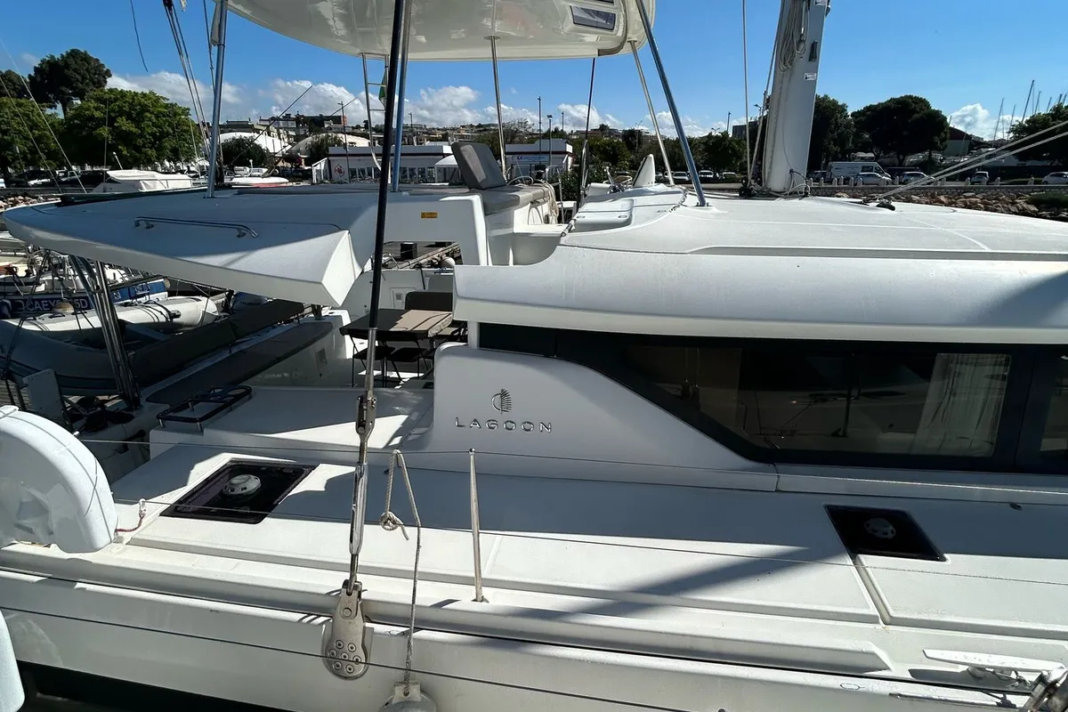 Exterior view of Terra Sarda, a Lagoon 46 catamaran at Cagliari, Italy