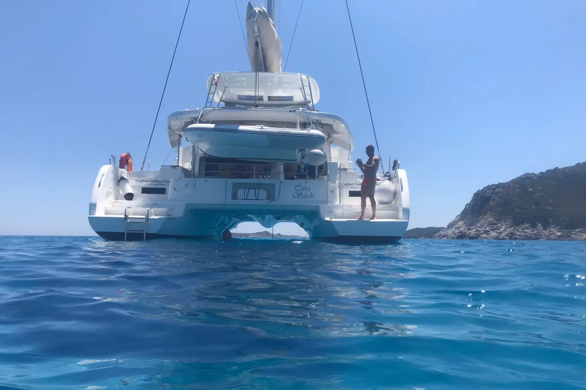 Exterior view of Terra Sarda, a Lagoon 46 catamaran at Cagliari, Italy