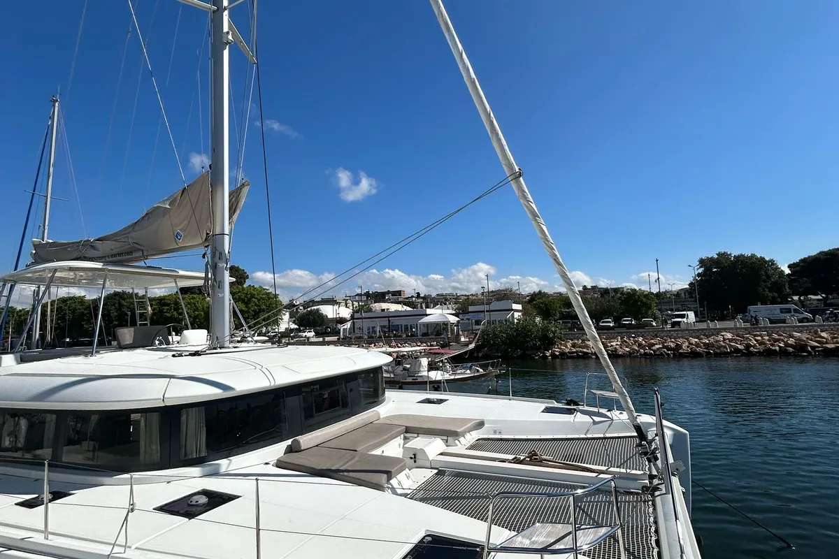 Exterior view of Terra Sarda, a Lagoon 46 catamaran at Cagliari, Italy