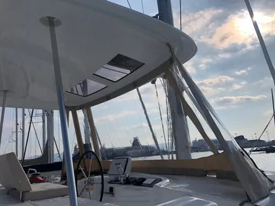 Cockpit of Terra Sarda, a Lagoon 46 catamaran at Cagliari, Italy