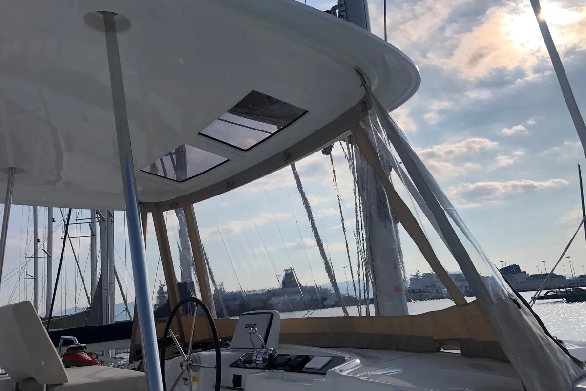 Cockpit of Terra Sarda, a Lagoon 46 catamaran at Cagliari, Italy