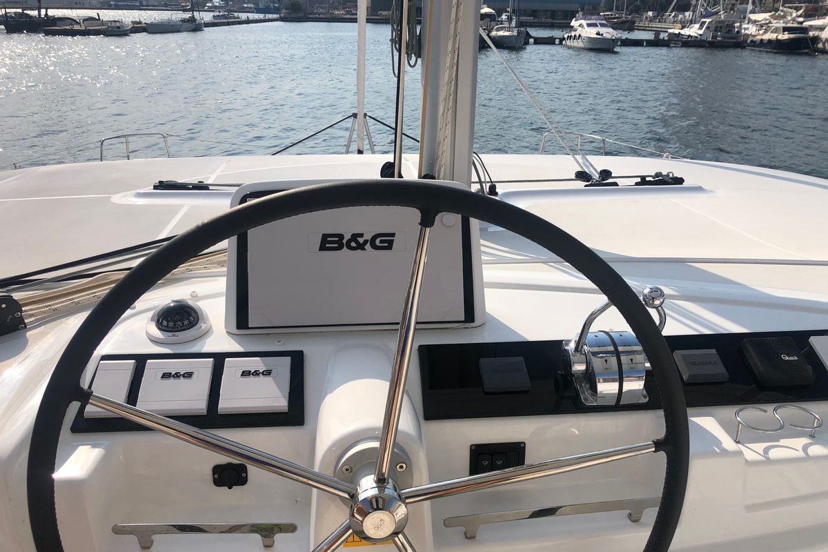 Cockpit of Terra Sarda, a Lagoon 46 catamaran at Cagliari, Italy
