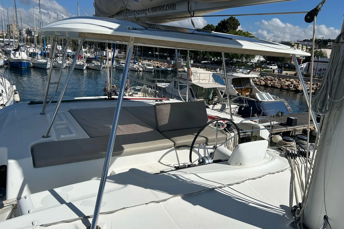 Cockpit of Terra Sarda, a Lagoon 46 catamaran at Cagliari, Italy