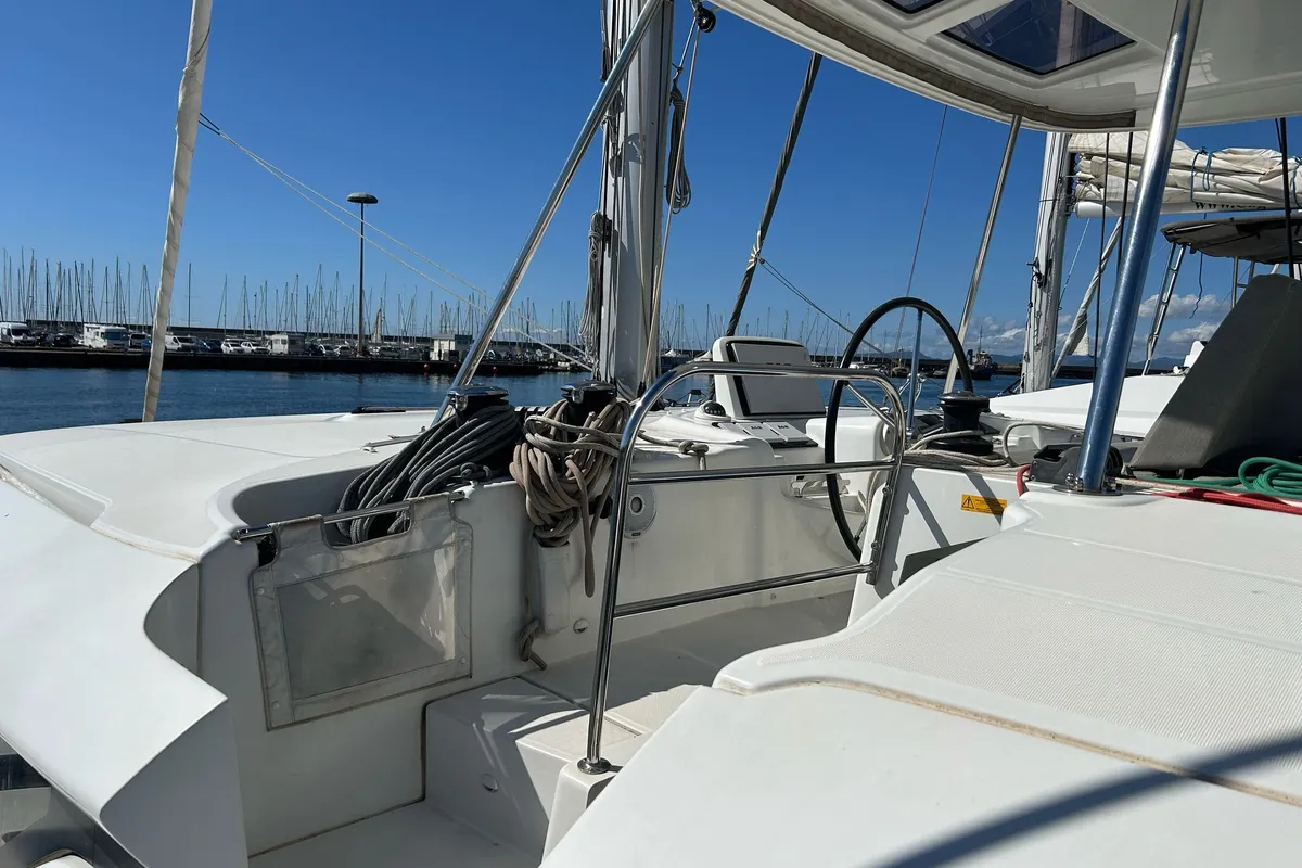 Cockpit of Terra Sarda, a Lagoon 46 catamaran at Cagliari, Italy