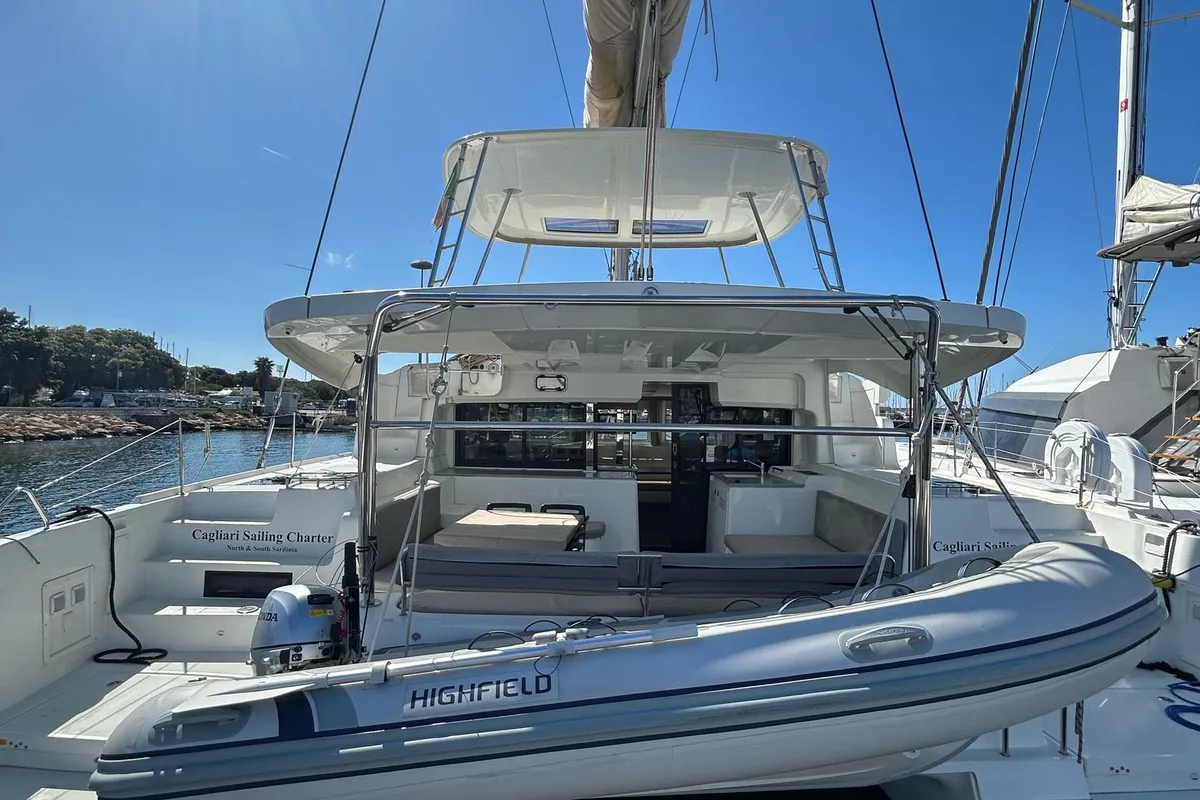 Exterior view of Terra Sarda, a Lagoon 46 catamaran at Cagliari, Italy