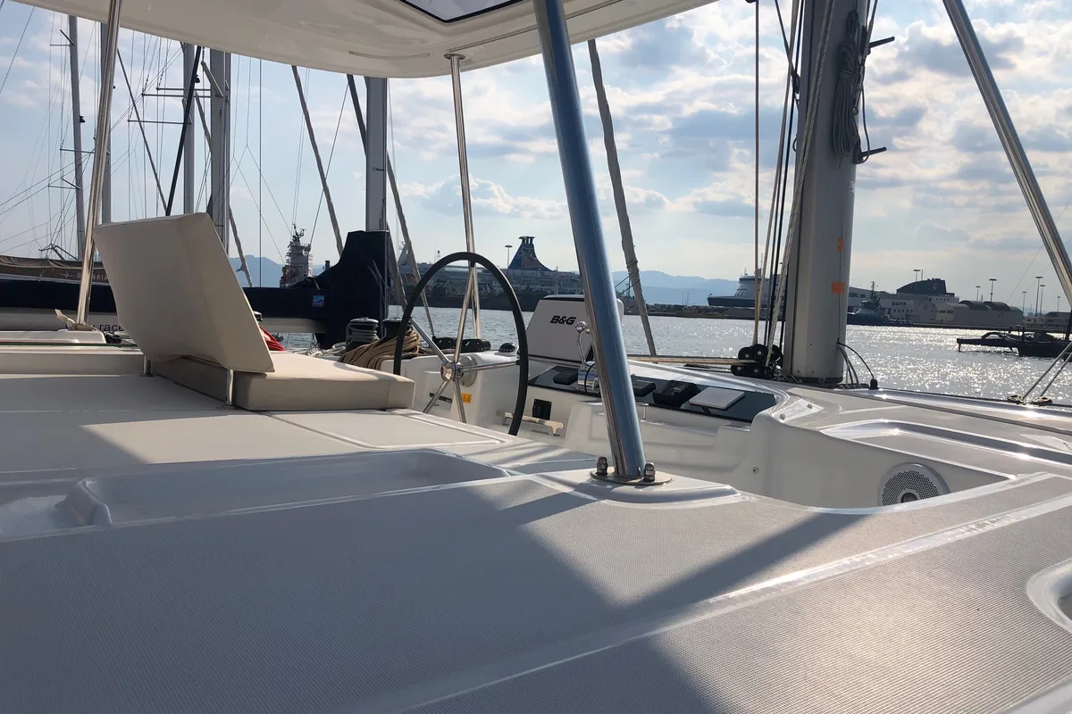 Cockpit of Terra Sarda, a Lagoon 46 catamaran at Cagliari, Italy