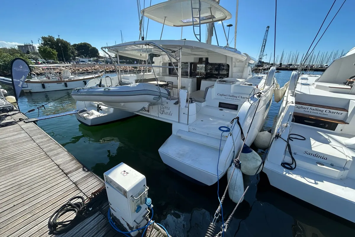 Exterior view of Terra Sarda, a Lagoon 46 catamaran at Cagliari, Italy