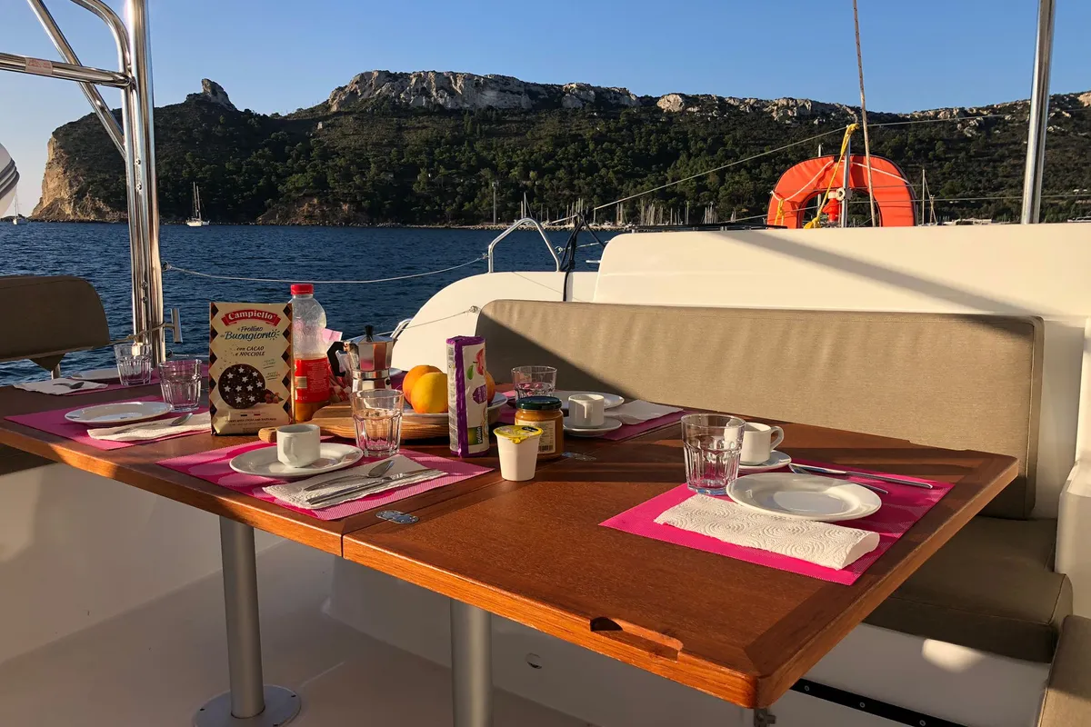 Deck of Terra Sarda, a Lagoon 46 catamaran at Cagliari, Italy