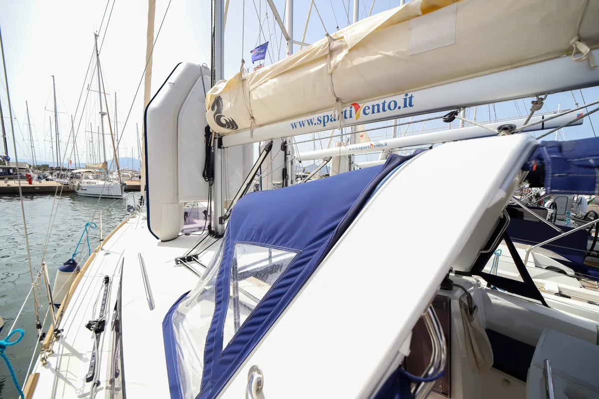 Deck of Il Moro di Lamezia - Standard line, a Beneteau Oceanis 35.1 sailboat at Olbia, Italy