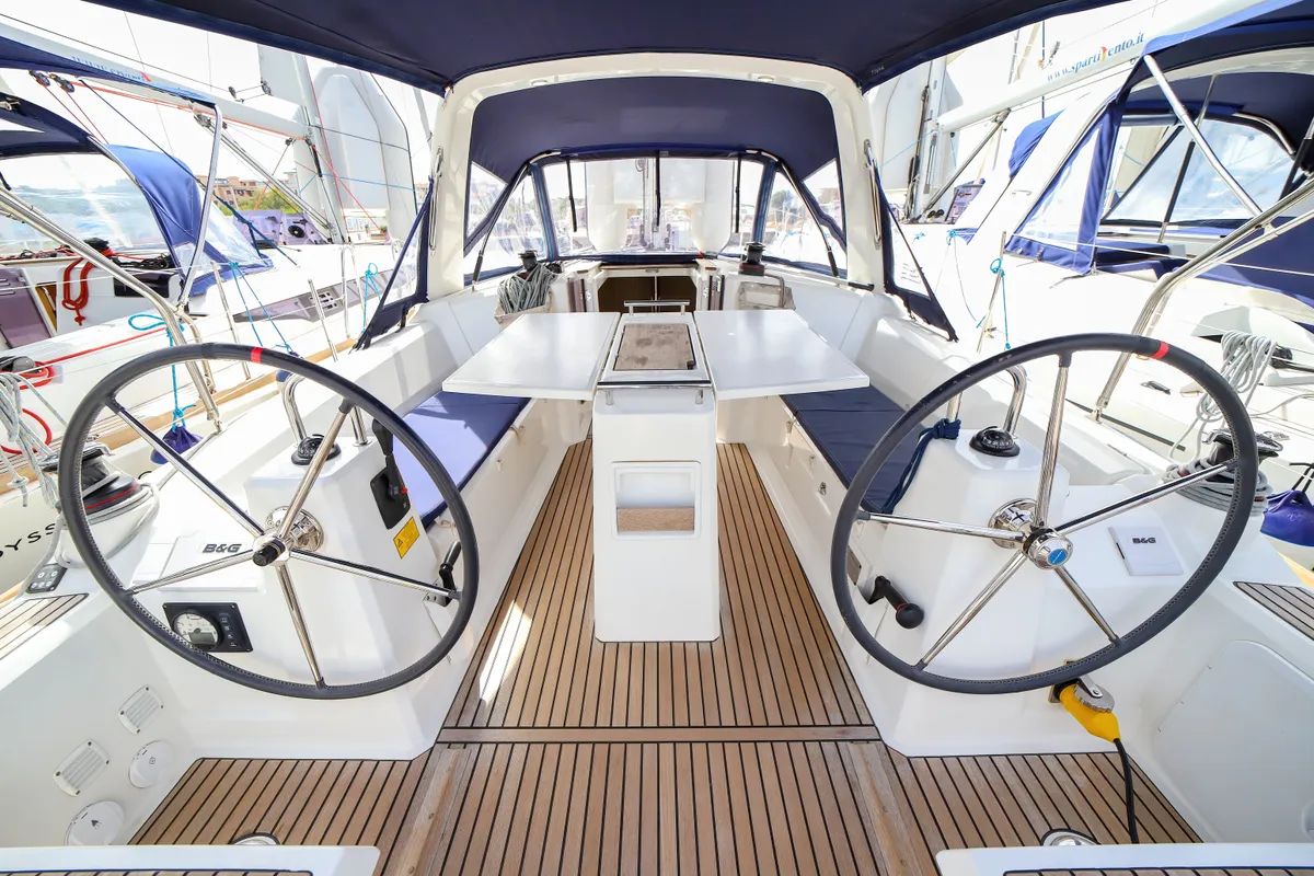 Cockpit of Il Moro di Lamezia - Standard line, a Beneteau Oceanis 35.1 sailboat at Olbia, Italy
