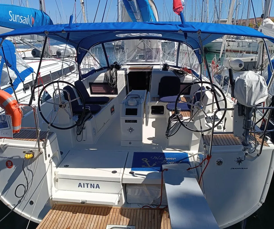 Cockpit of Aitna, a Jeanneau Sun Odyssey 440 sailboat at Tonnarella, Italy