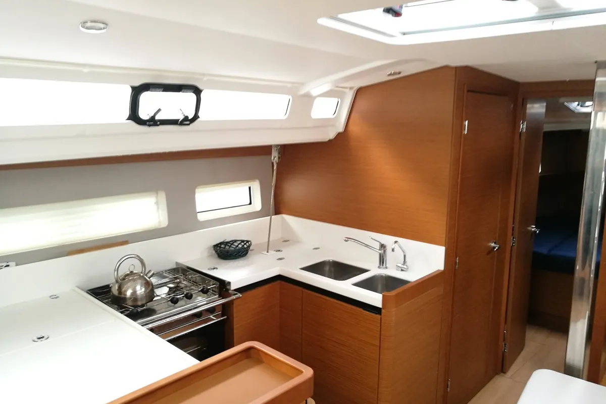 Galley of Aitna, a Jeanneau Sun Odyssey 440 sailboat at Tonnarella, Italy