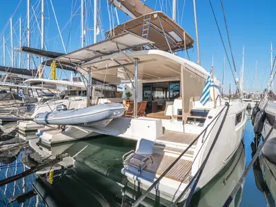 Cockpit of Spiros, a Lagoon 50 catamaran at Athens, Greece