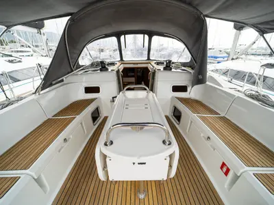 Deck of Ciao Bao, a Jeanneau Sun Odyssey 519 sailboat at Grad Kaštela, Croatia