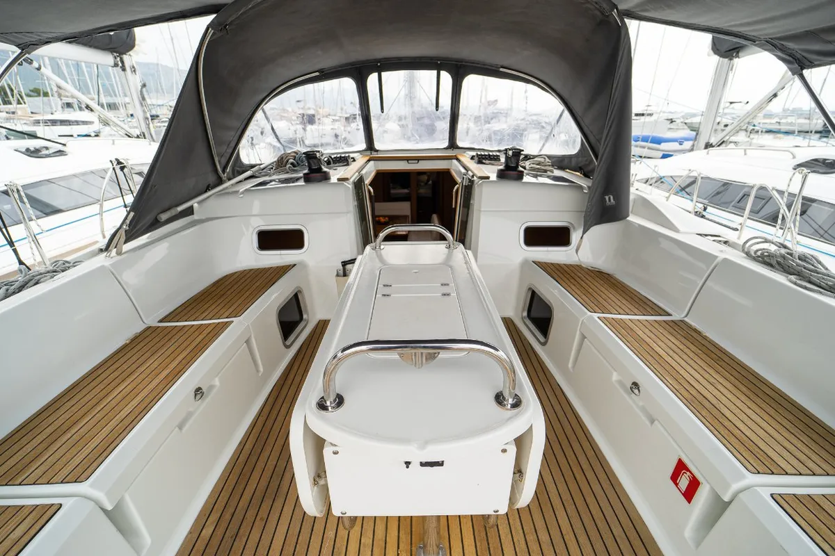 Deck of Ciao Bao, a Jeanneau Sun Odyssey 519 sailboat at Grad Kaštela, Croatia