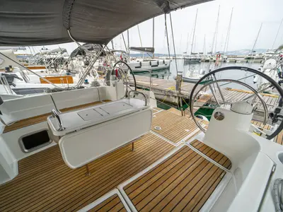 Cockpit of Ciao Bao, a Jeanneau Sun Odyssey 519 sailboat at Grad Kaštela, Croatia
