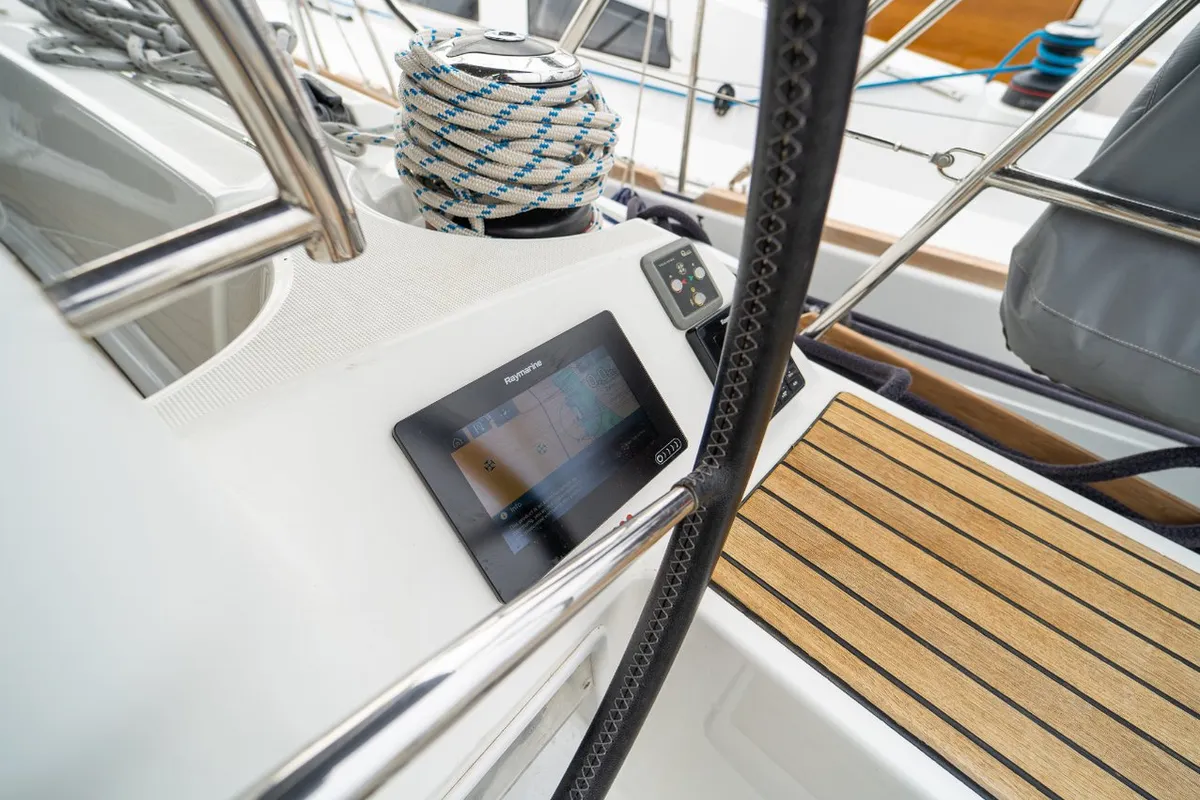 Cockpit of Ciao Bao, a Jeanneau Sun Odyssey 519 sailboat at Grad Kaštela, Croatia