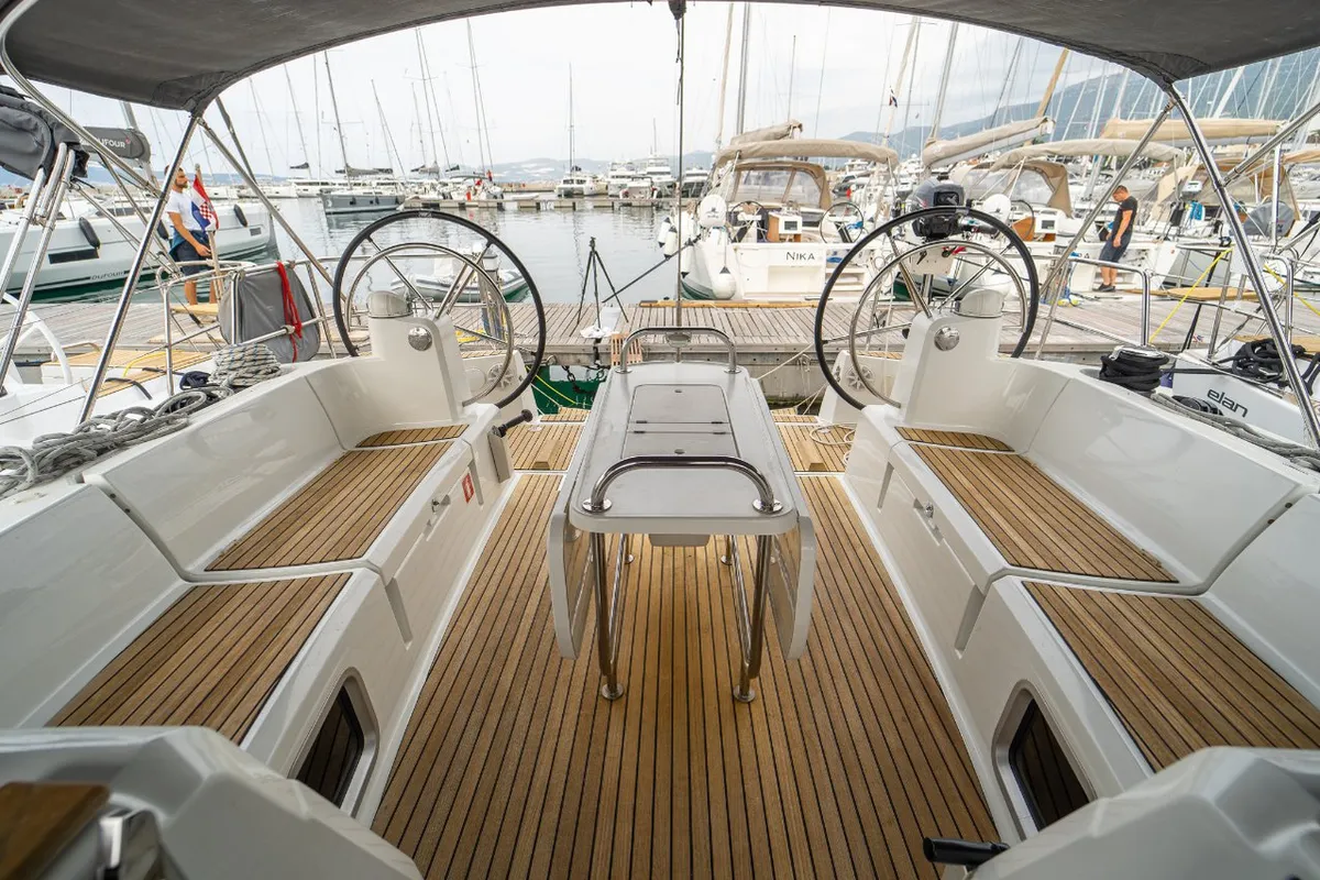 Deck of Ciao Bao, a Jeanneau Sun Odyssey 519 sailboat at Grad Kaštela, Croatia