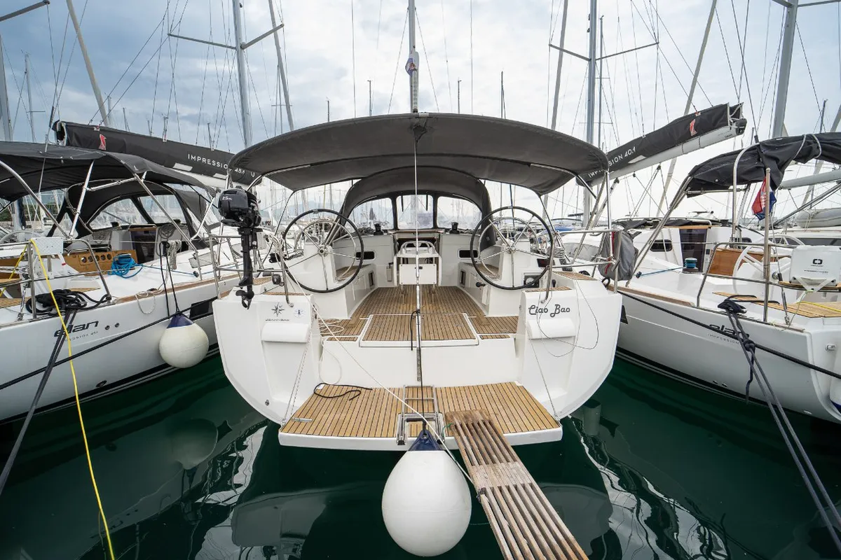 Exterior view of Ciao Bao, a Jeanneau Sun Odyssey 519 sailboat at Grad Kaštela, Croatia