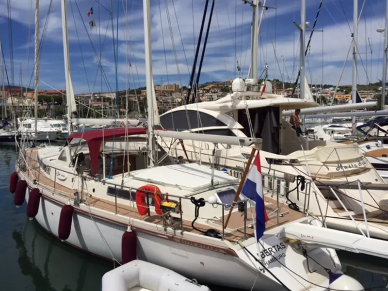 Exterior view of Libertas, a Amel Supermaramu sailboat at Piombino, Italy